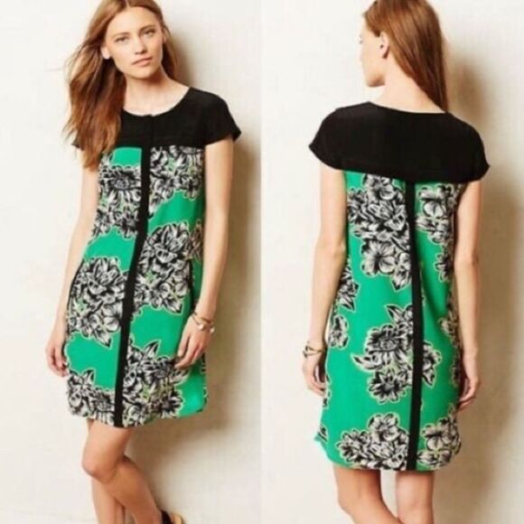 Anthropologie Maeve Ayame 100% Silk Floral Front Zip Mod Sheath Mini Dress Sz 0 - Picture 12 of 12